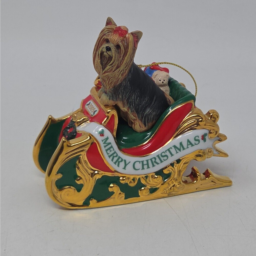 The Danbury Mint Santa's Helper Yorkie Dog Ornament 2005